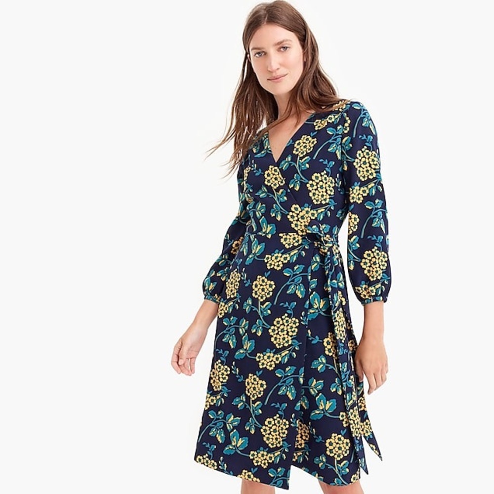 Jcrew Blue Petite Golden Floral Wrap Dress